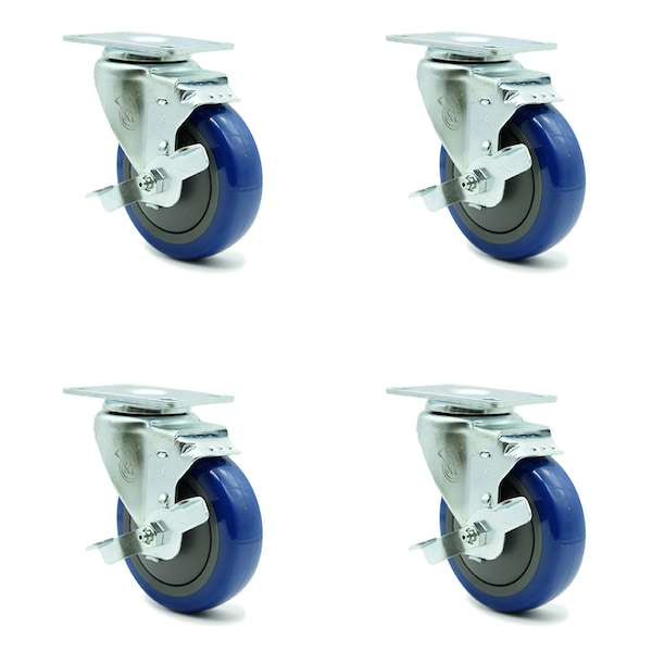 4 Inch Blue Polyurethane Wheel Swivel Top Plate Caster Set with Brake SCC